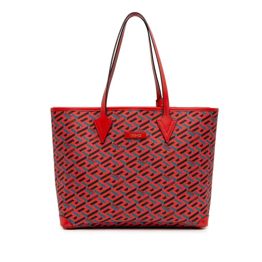 Versace Coated Canvas La Greca Tote Red Canvas Good - Front View