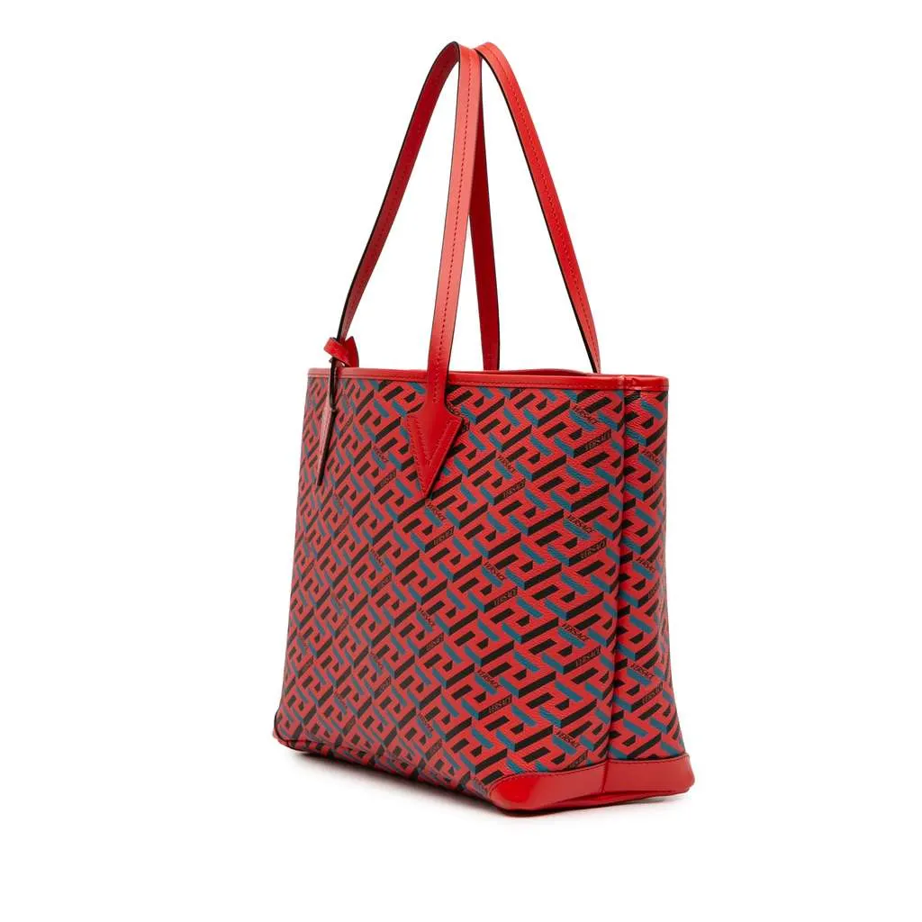 Versace Coated Canvas La Greca Tote Red Canvas Good - Back View
