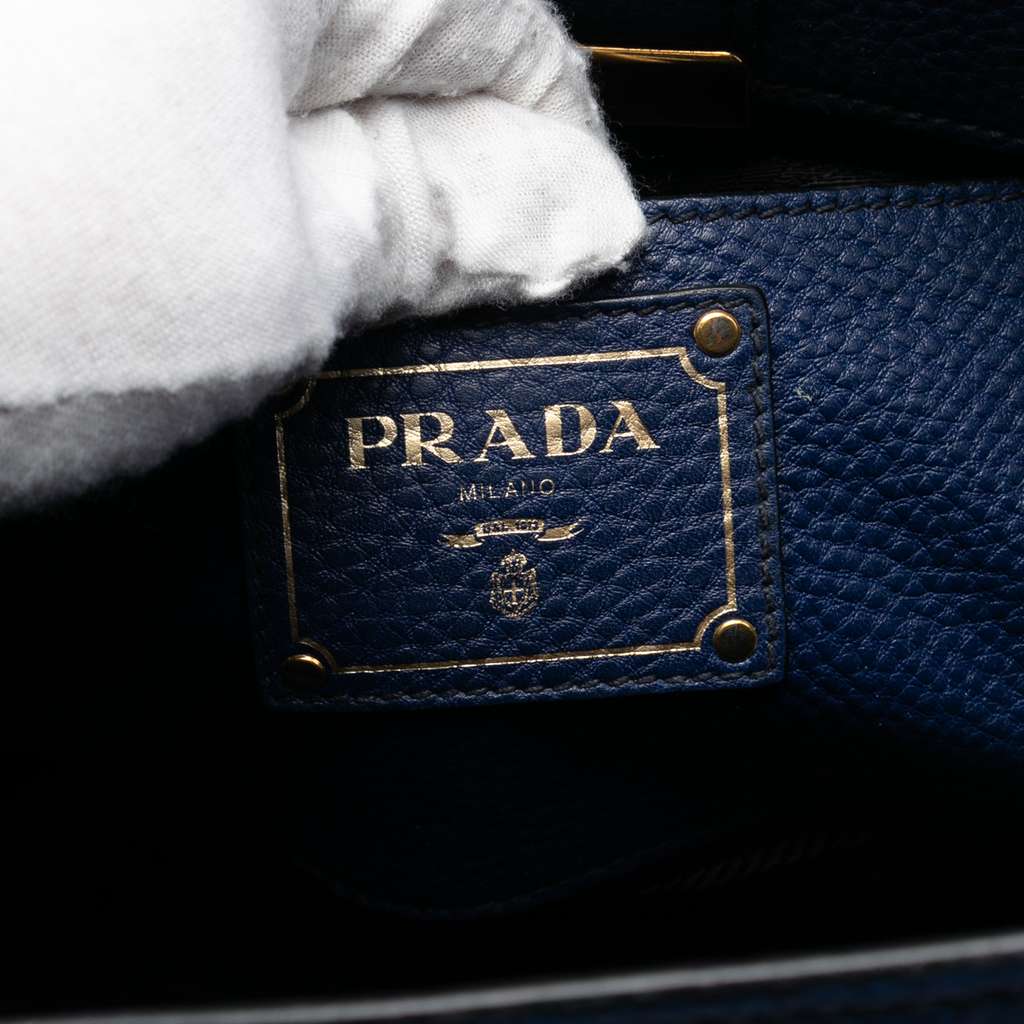 Prada Vitello Daino Sound Lock Satchel Blue Leather Good condition - Box View