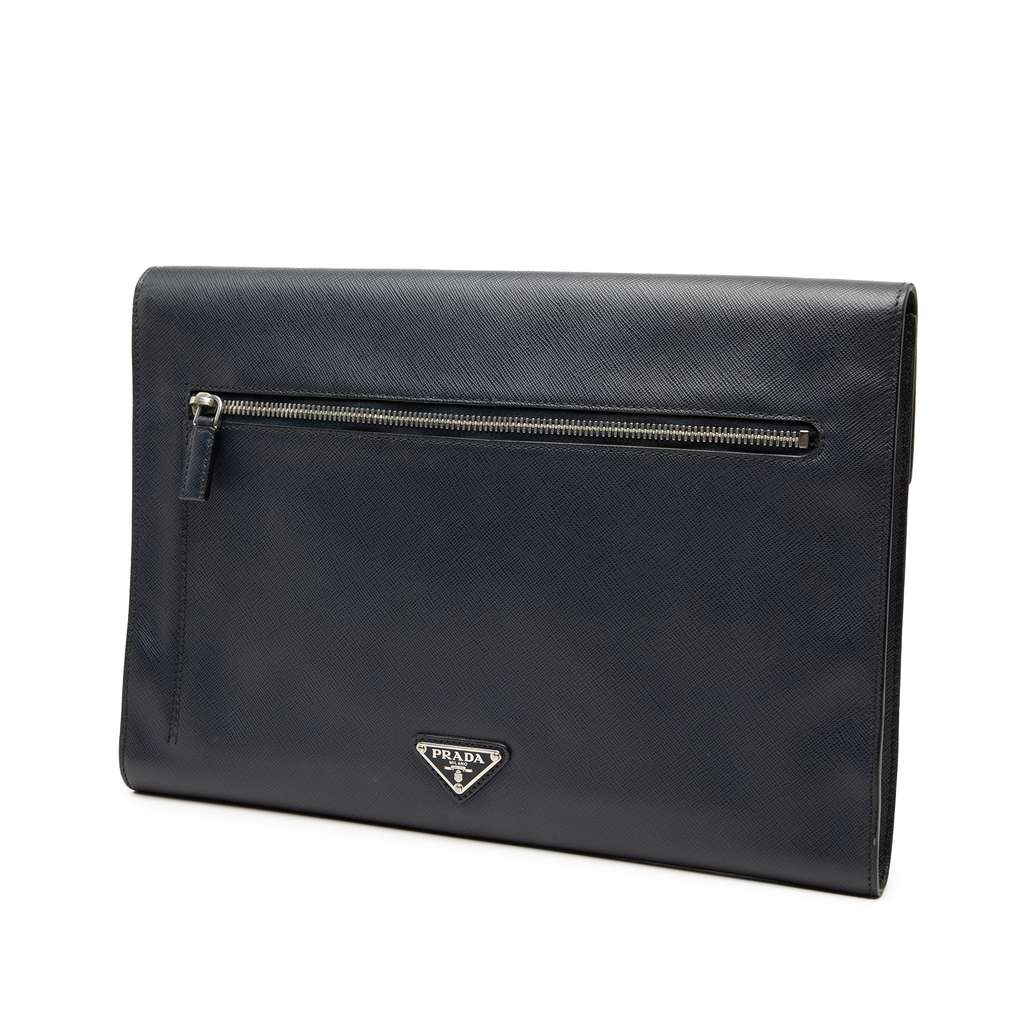 Prada Large Saffiano Lux Envelope Pushlock Clutch Blue Leather Good condition - Back View