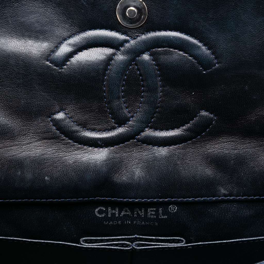 Chanel Medium Classic Satin Paillette Embellished Double Flap Blue Satin Good condition - Box View