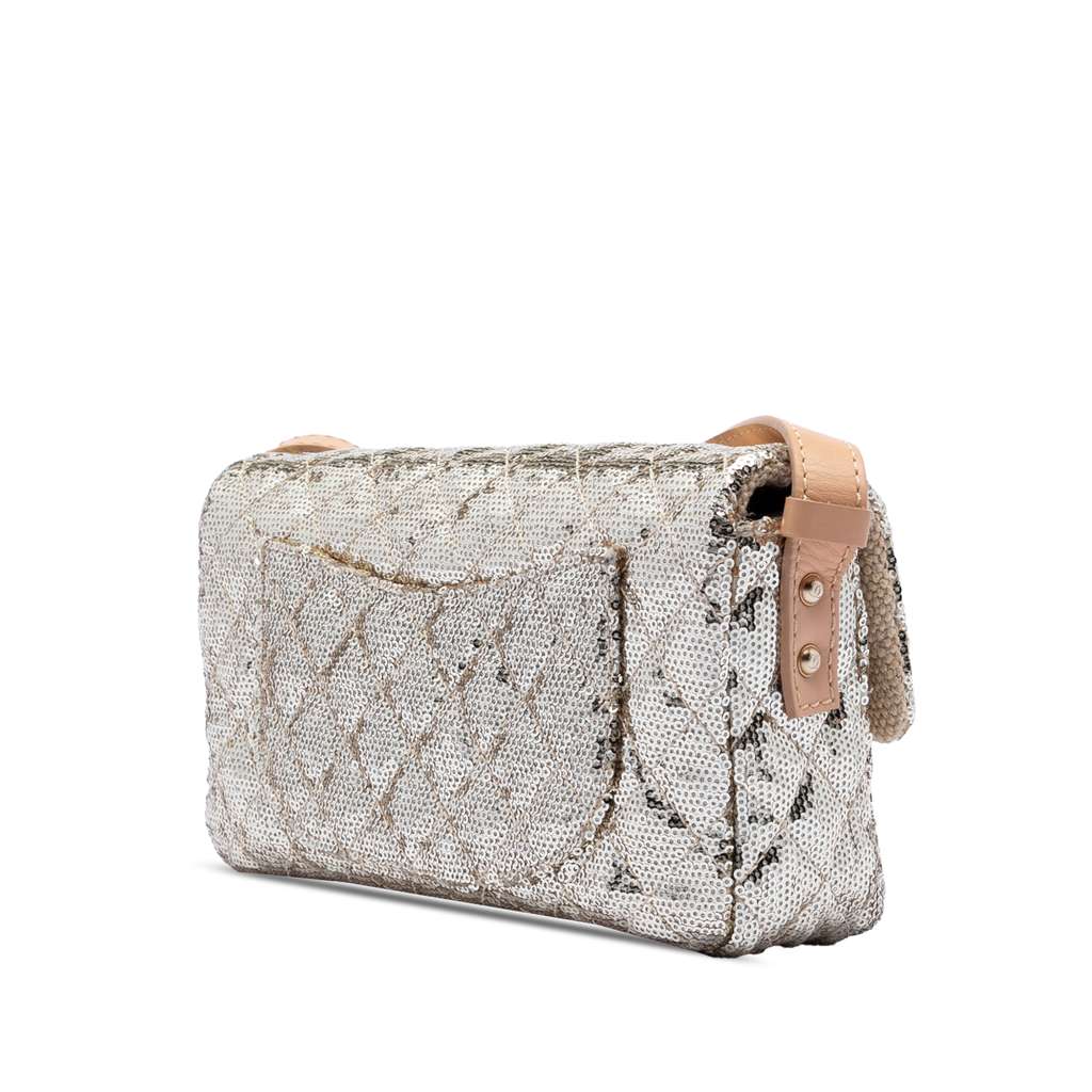 Chanel Quilted Sequined Raffia Easy Reissue 2.55 Single Flap 225 Silver Good condition - Back View