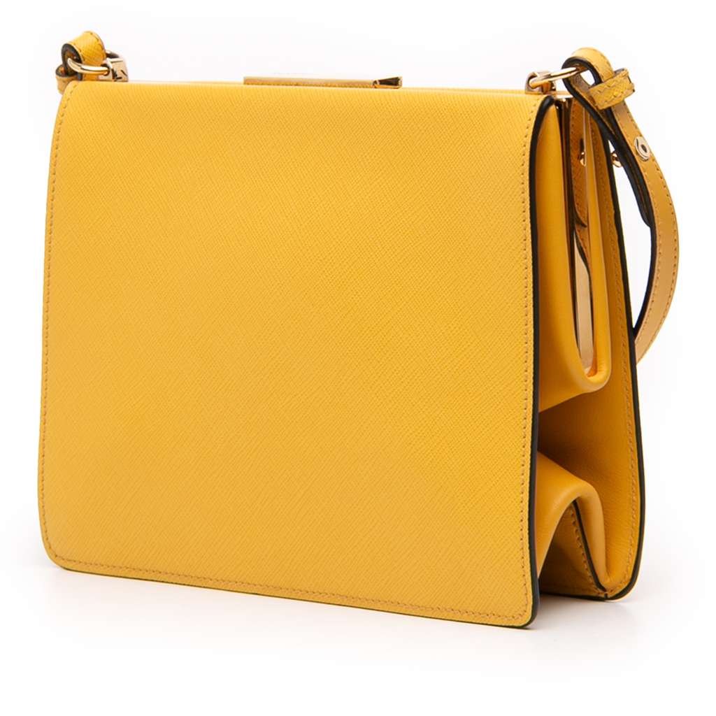 Prada Saffiano City Light Frame Crossbody Yellow Leather Good condition - Back View