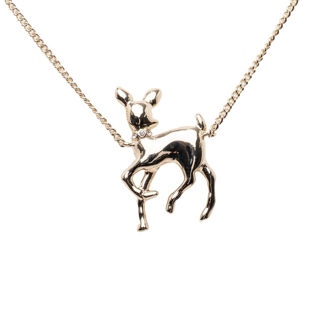Chanel CC Gold Plated Rhinestone Deer Pendant Necklace Gold Metal Good condition - Back View