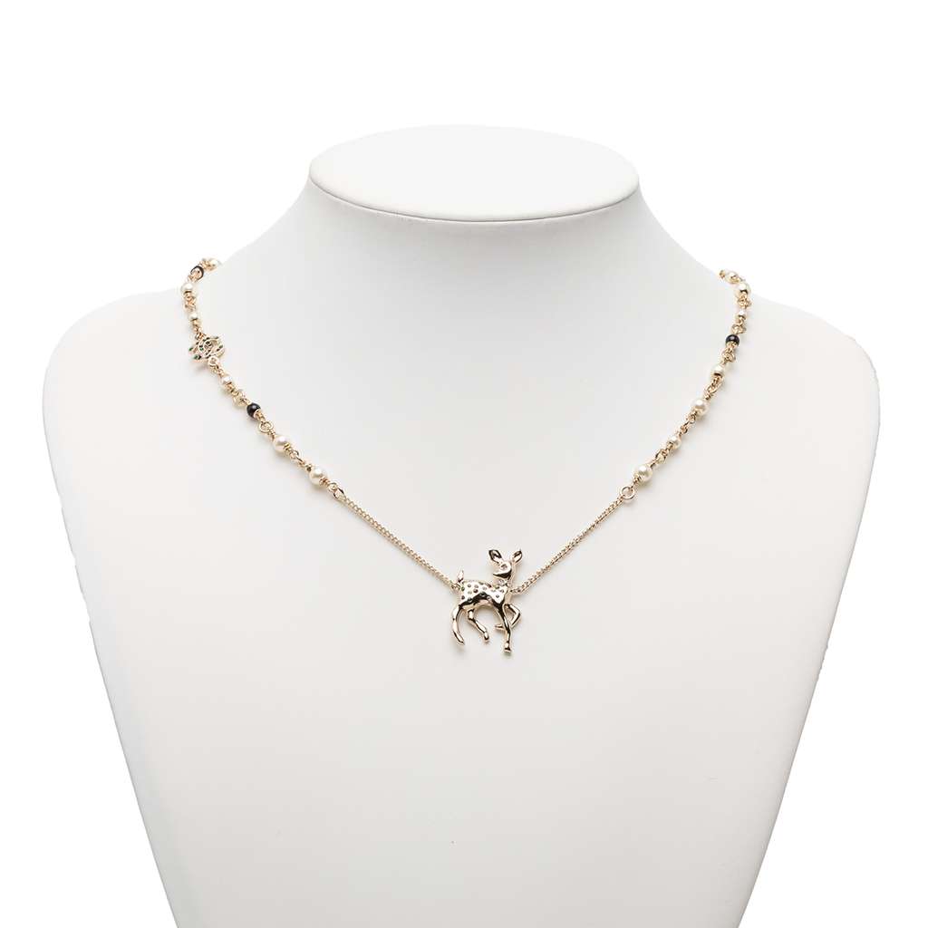 Chanel CC Gold Plated Rhinestone Deer Pendant Necklace Gold Metal Good condition - Model View