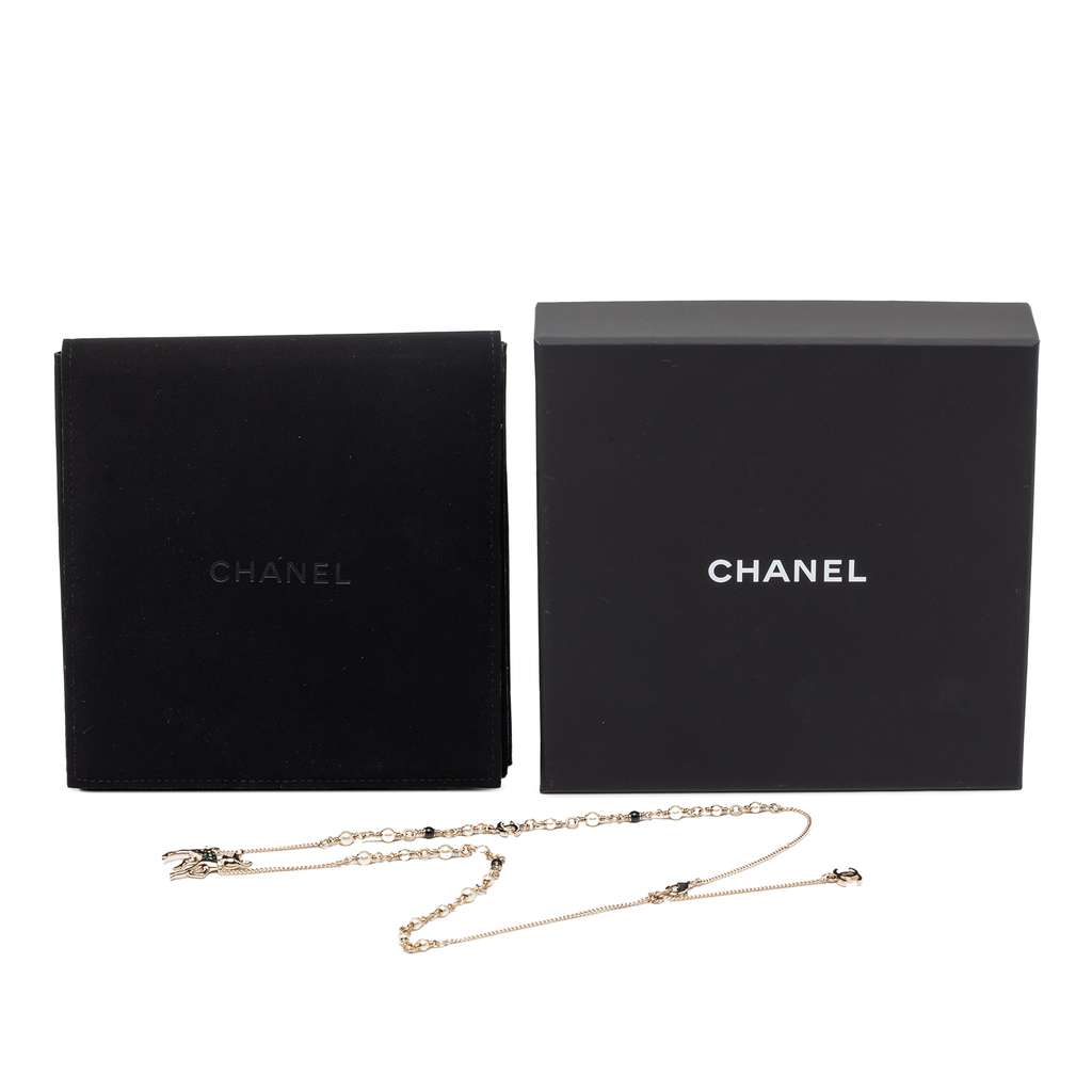 Chanel CC Gold Plated Rhinestone Deer Pendant Necklace Gold Metal Good condition - Box View