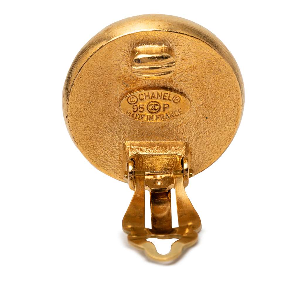 Chanel Gold Plated Faux Pearl Logo Round Clip On Earrings Gold Metal Good condition - Inside View