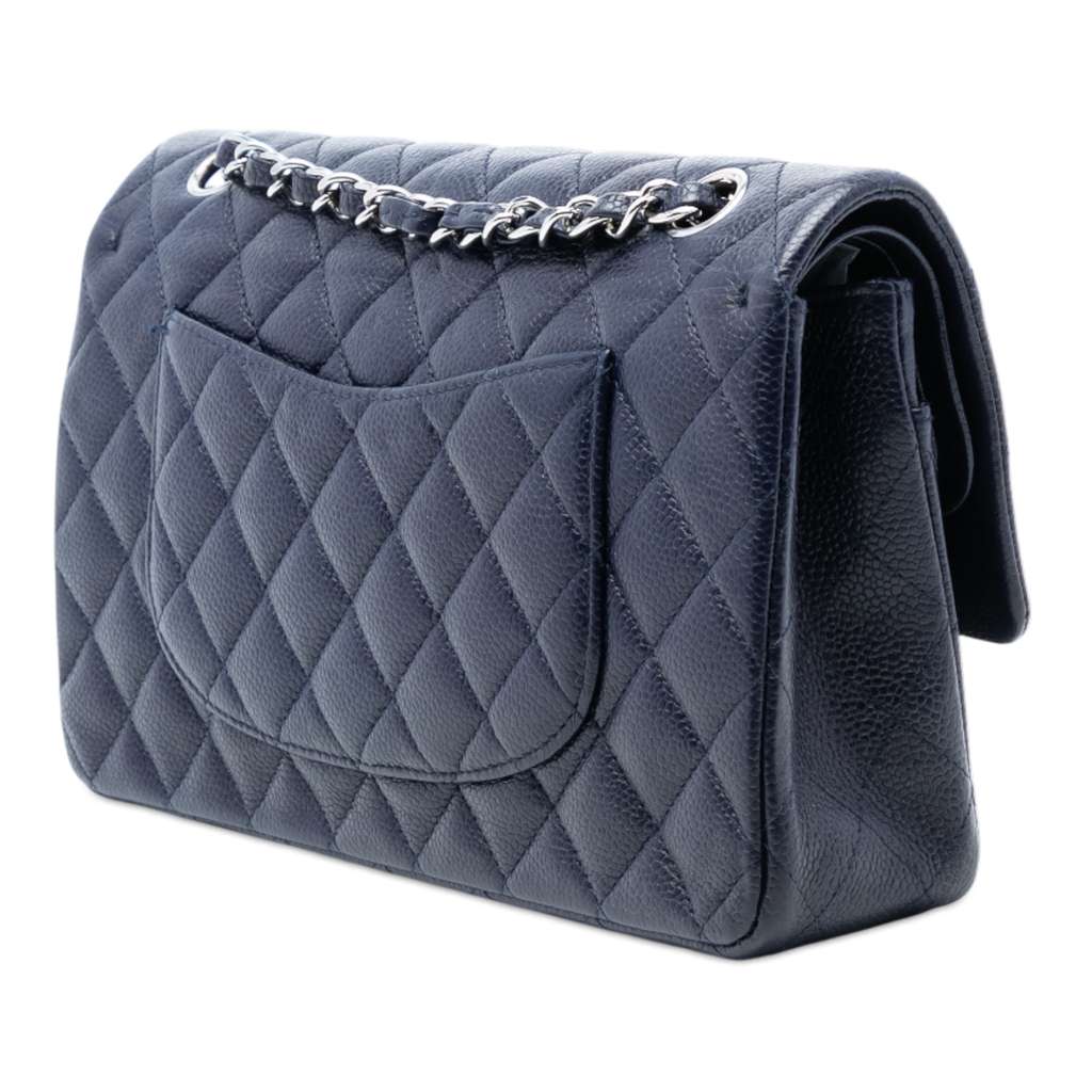 Chanel Medium Classic Caviar Double Flap Blue Leather Good condition - Back View