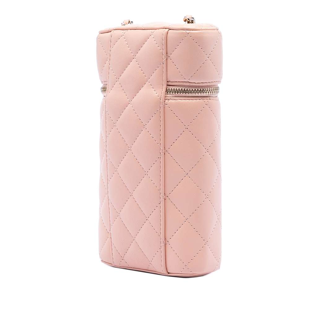 Chanel CC Quilted Lambskin Phone Holder with Chain Pink Leather Good condition - Back View