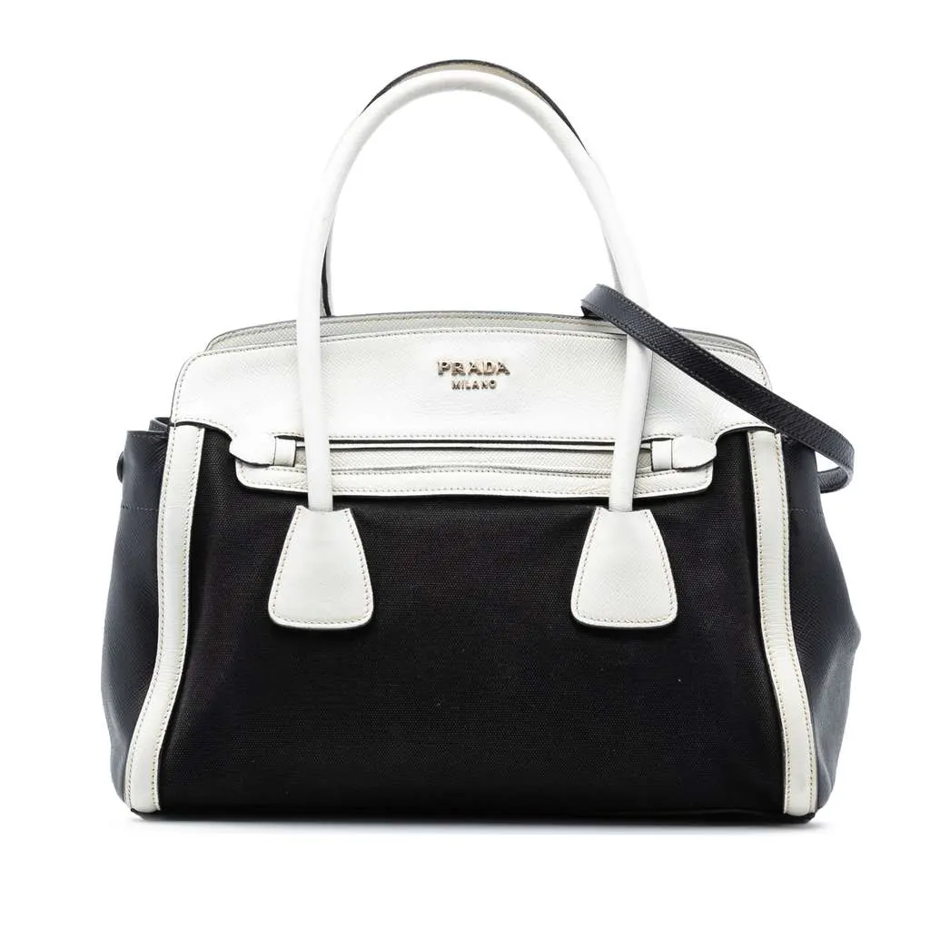 Prada Bicolor Saffiano Cuir Trimmed Canvas Satchel Black Canvas Very good - Front View