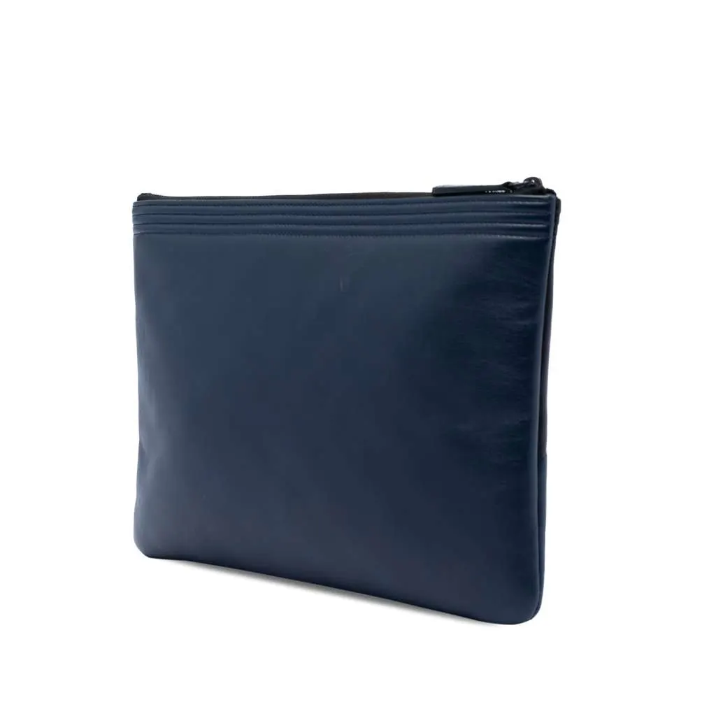 Chanel Medium Bicolor Lambskin Boy O Case Clutch Blue Leather Very good - Back View