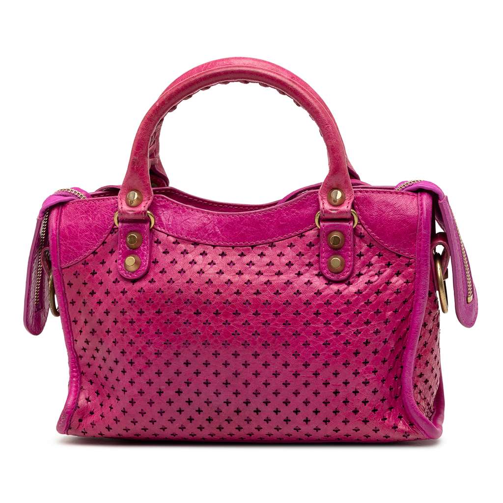 Balenciaga Mini Lambskin Motocross Stadio Laser Cut Cross Classic City Satchel Pink Leather Good condition - Back View