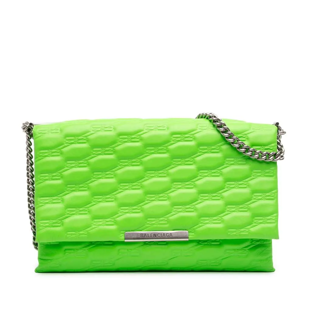 Balenciaga Embossed Leather BB Monogram Chain Flap Green Leather Very good - Front View