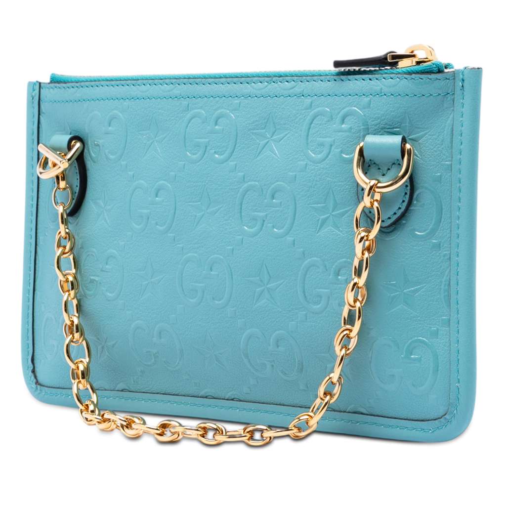 Gucci GG Star Embossed Leather Pouch with Chain Blue Leather Good condition - Back View