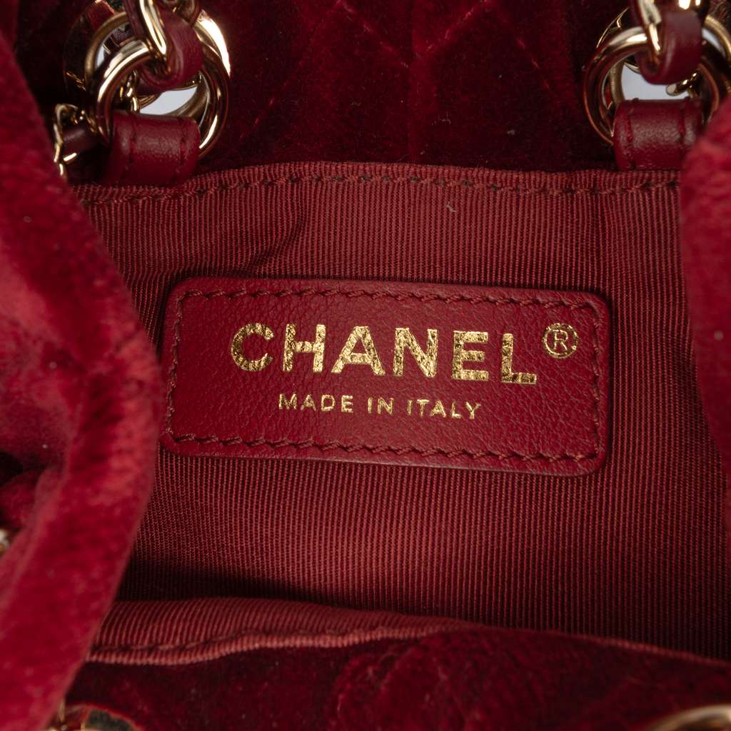 Chanel Mini Velvet Crystal Pearl Crush Bucket Bag Red Velvet Good condition - Box View