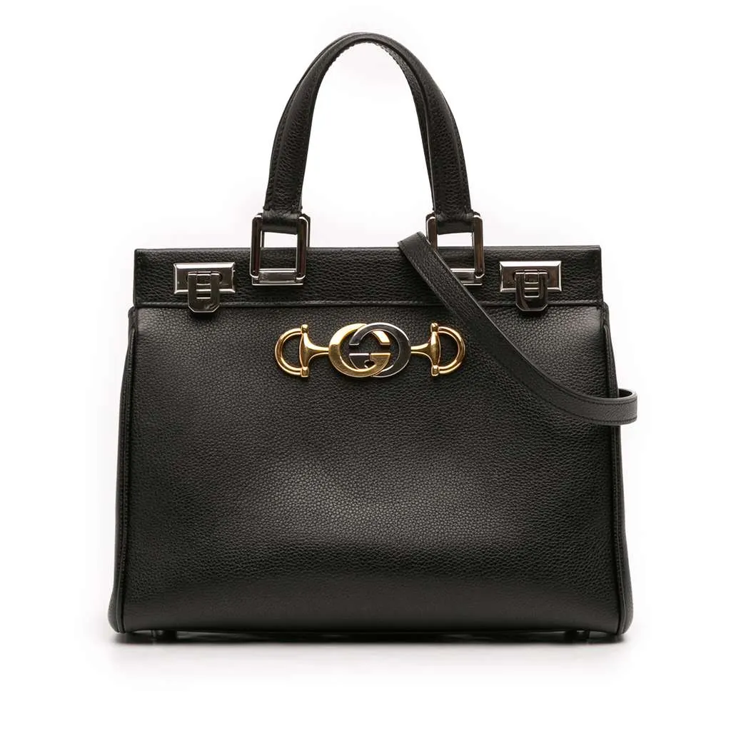 Gucci Small Grained Calfskin Zumi Top Handle Bag Black Leather Very good - Front View
