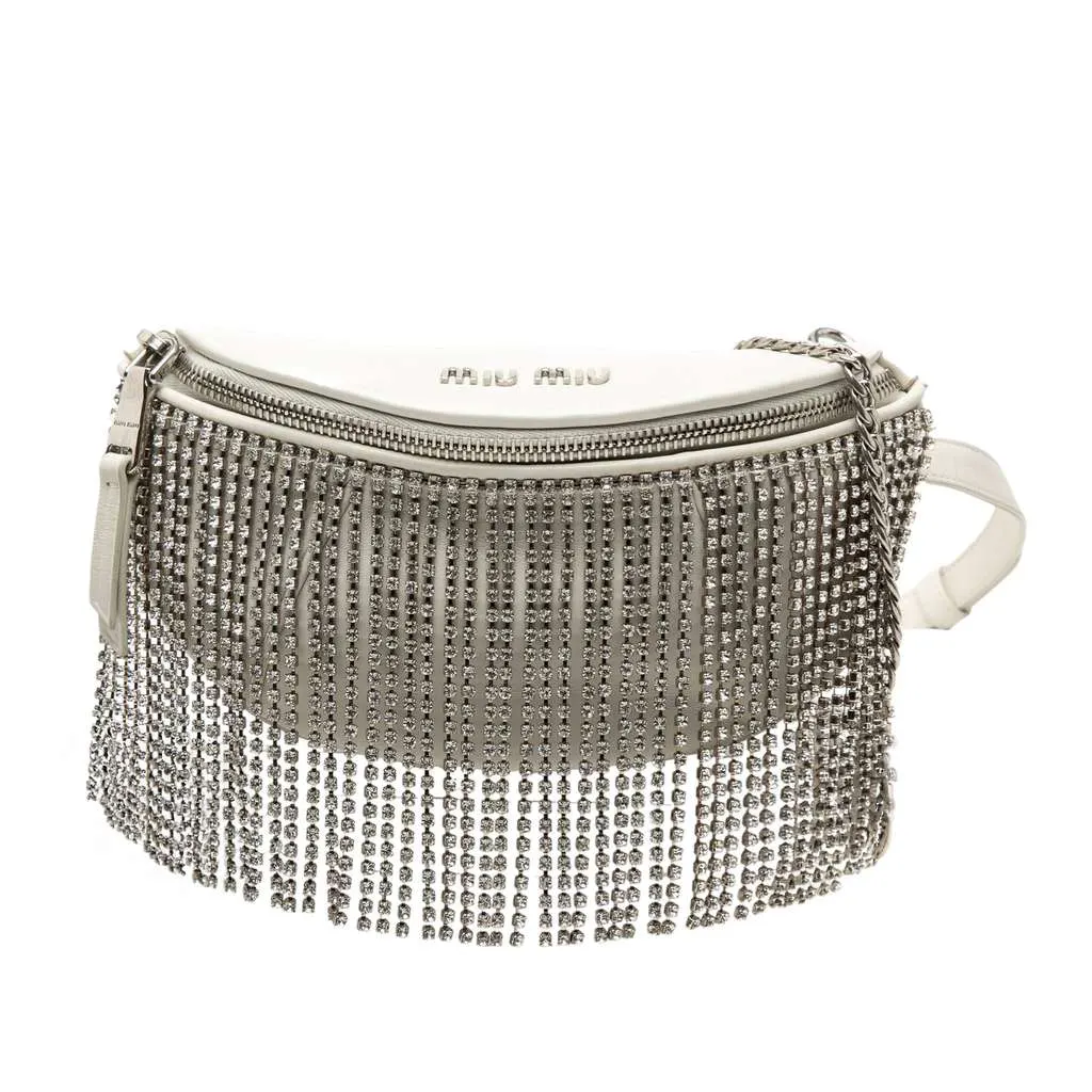 Miu Miu Nappa Crystal Fringe Convertible Belt Bag White Leather Good - Front View