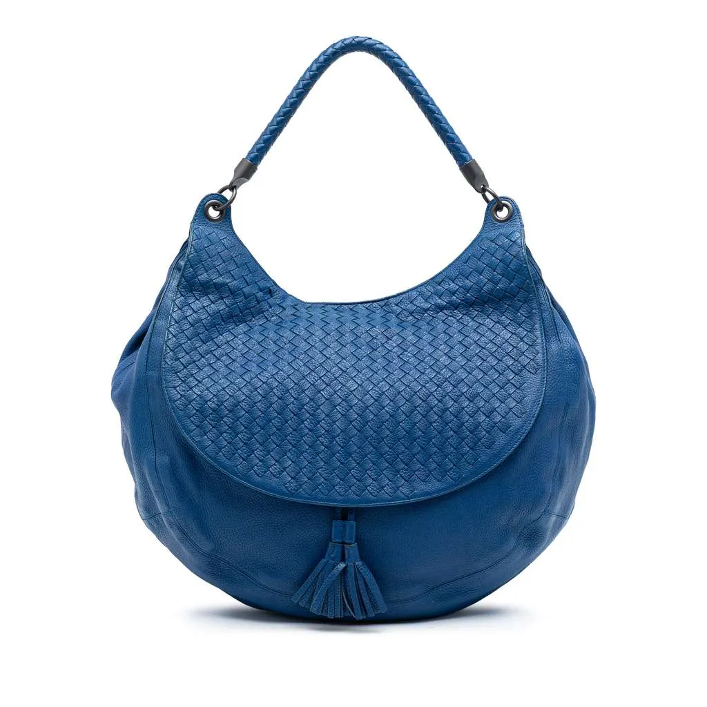 Bottega Veneta Large Washed Cervo Intrecciato Hobo Blue Leather Very good - Front View