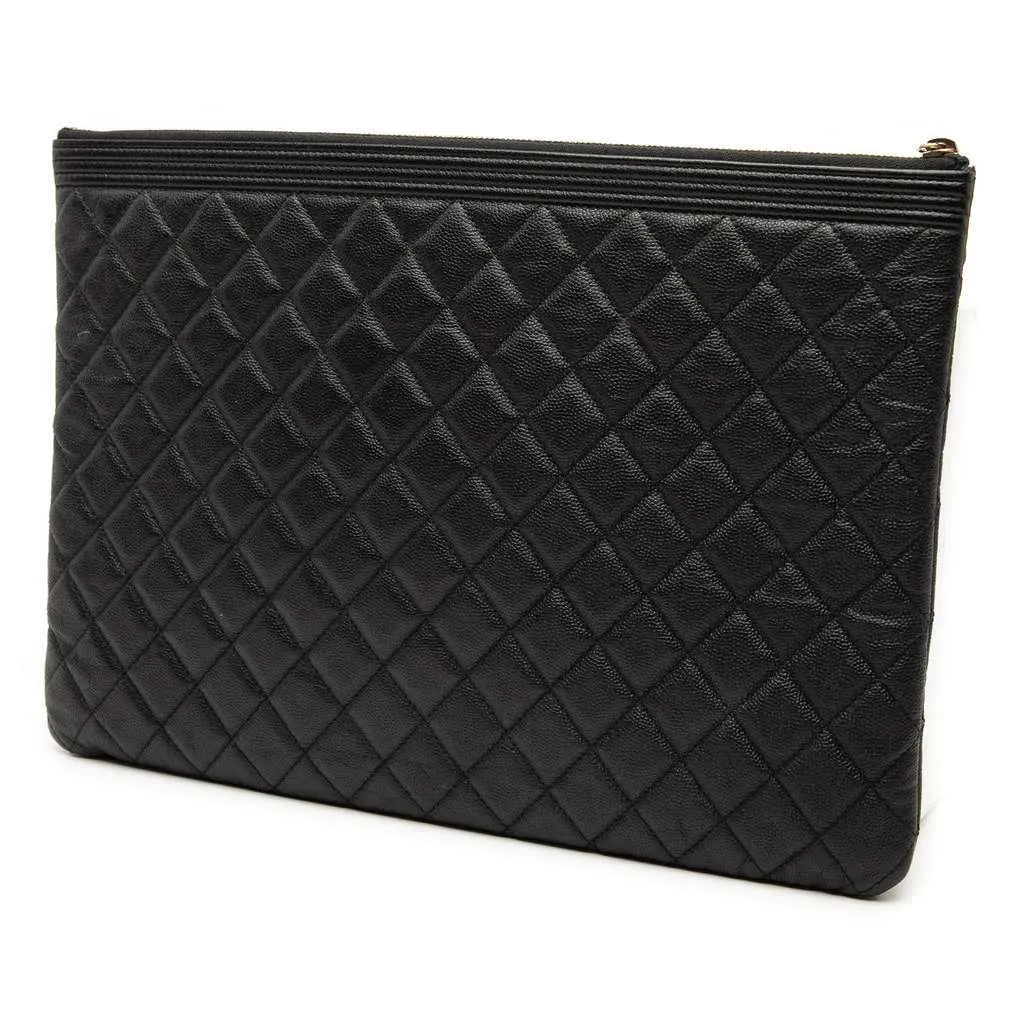 Chanel Large Quilted Caviar Boy O Case Clutch Black Leather Very good - Back View