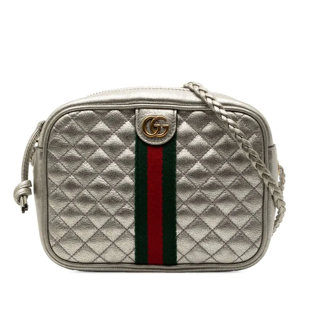 Gucci Mini Quilted Leather Web Trapuntata Crossbody Silver Leather Very good - Front View