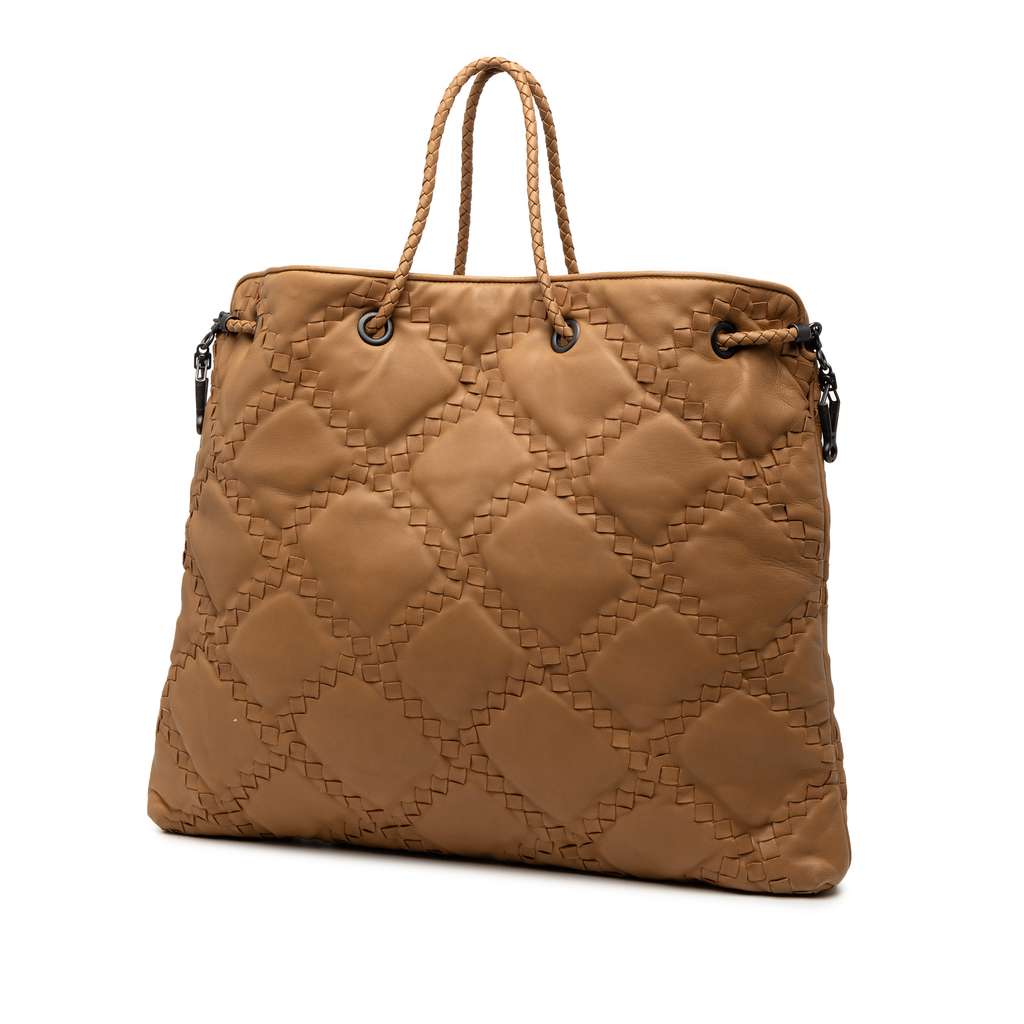 Bottega Veneta Intrecciato Trimmed Leather Croisette Drawstring Tote Brown Leather Good condition - Back View