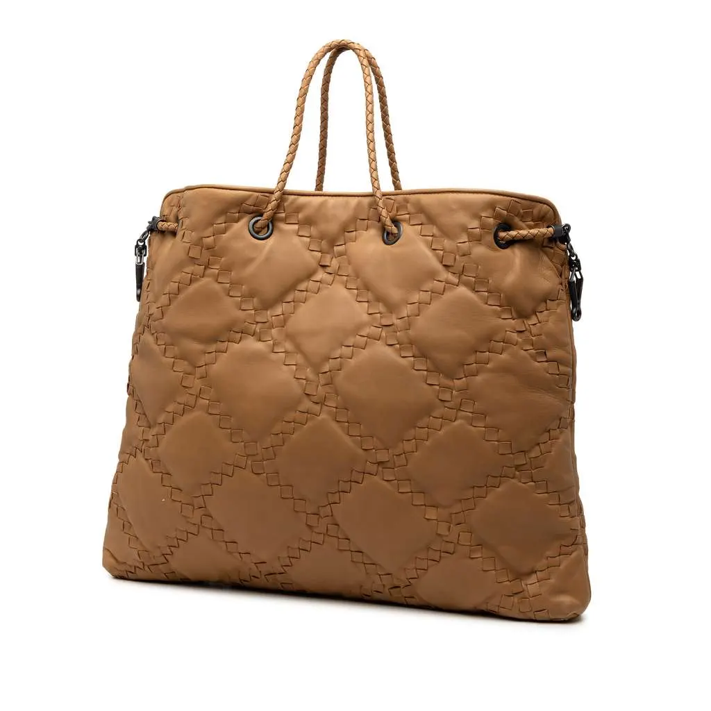 Bottega Veneta Intrecciato Trimmed Leather Croisette Drawstring Tote Brown Leather Very good - Back View