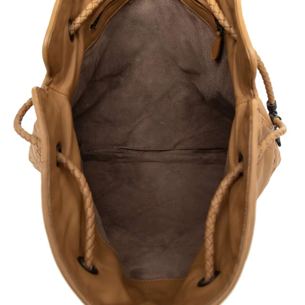 Bottega Veneta Intrecciato Trimmed Leather Croisette Drawstring Tote Brown Leather Very good - Model View
