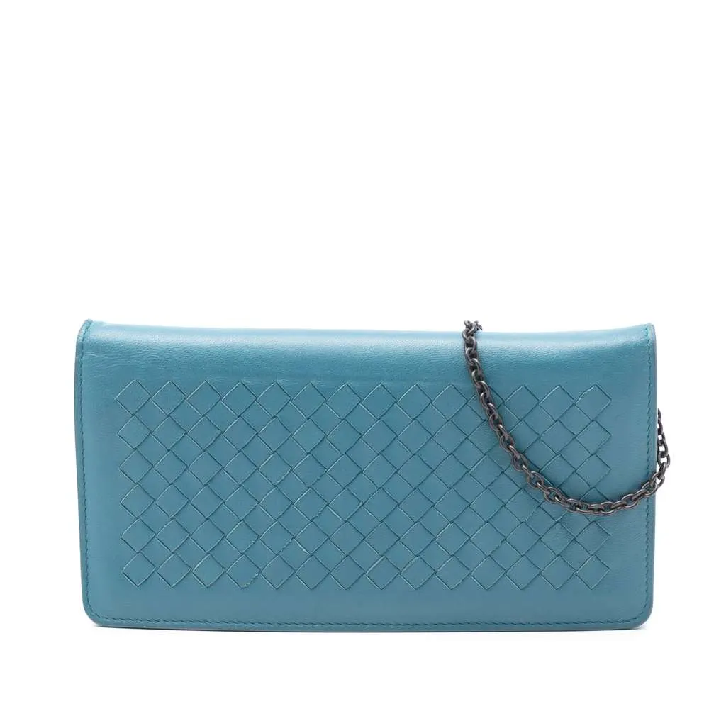 Bottega Veneta Nappa Intrecciato Continental Wallet on Chain Blue Leather Good - Front View