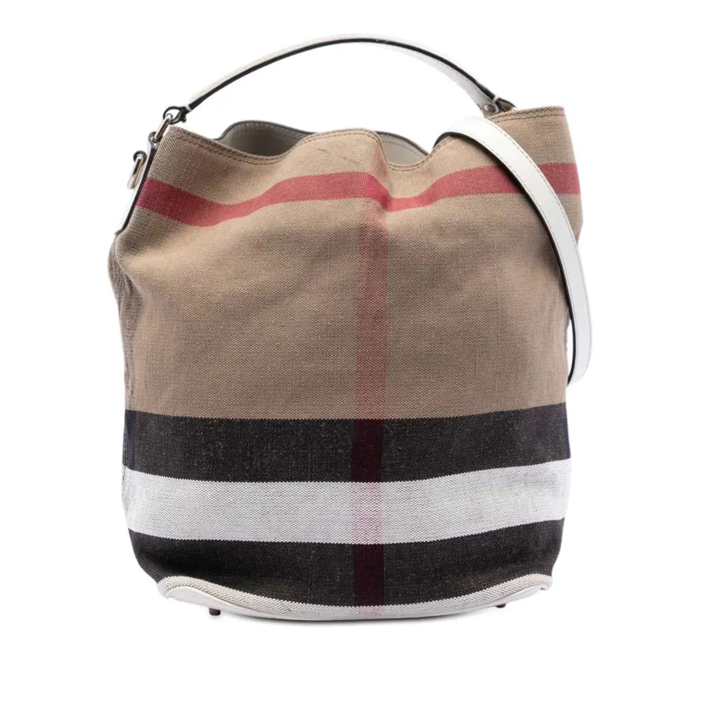 Burberry Medium Mega Check Canvas Ashby Bucket Bag Brown Canvas Very good - Front View