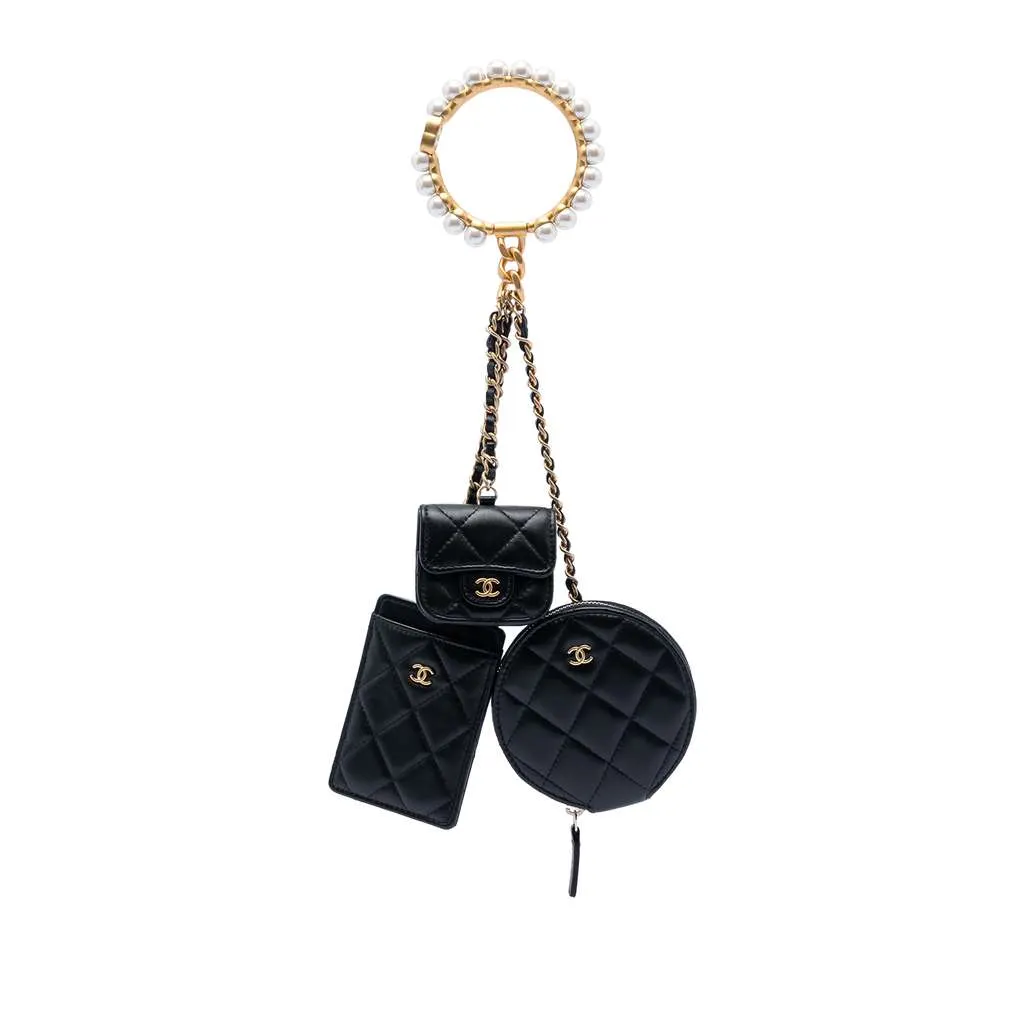 Chanel Quilted Lambskin Pearl Crown CC Wristlet Multi Pouches Black Leather Very good - Front View