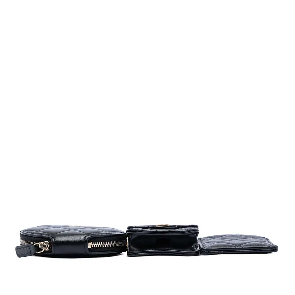 Chanel Quilted Lambskin Pearl Crown CC Wristlet Multi Pouches Black Leather Very good - Inside View