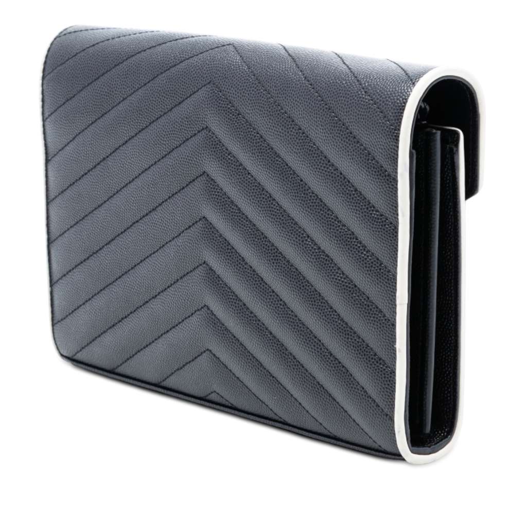Saint Laurent Bicolor Grain De Poudre Chevron Monogram Monochrome Envelope Chain Wallet Black Leather Good condition - Back View