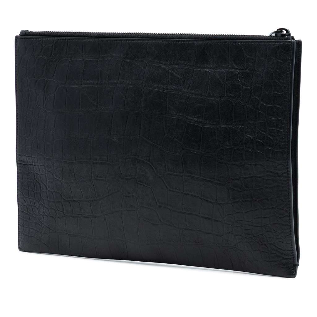 Saint Laurent Croc Embossed Leather Monogram Document Holder Black Leather Good condition - Back View