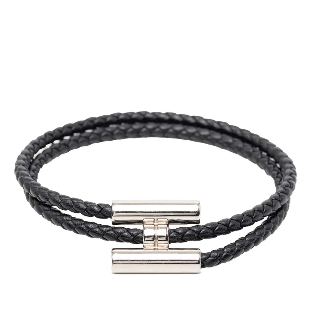 Hermès Swift Tournis Tresse Bracelet Black Leather Good - Front View
