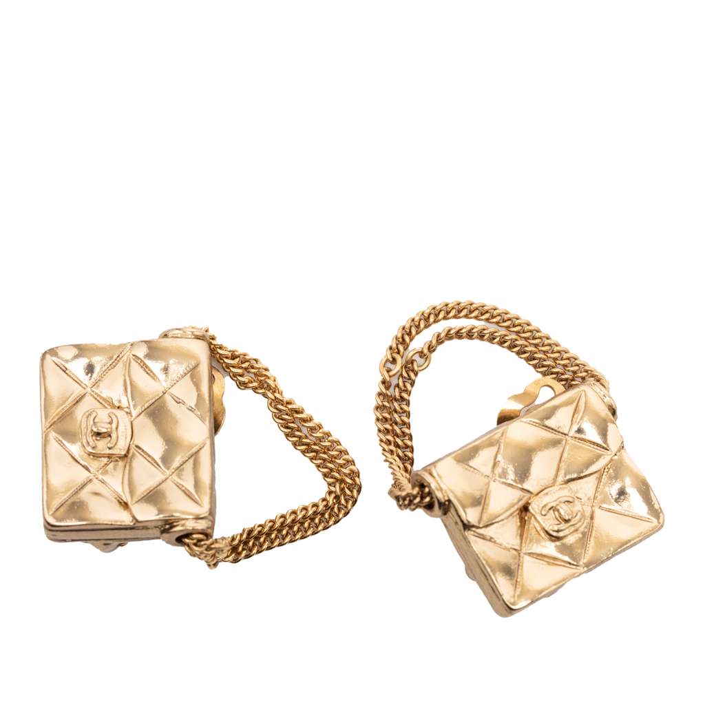 Chanel CC Gold Plated Quilted Flap Bag Clip On Earrings Gold Metal Good condition - Back View