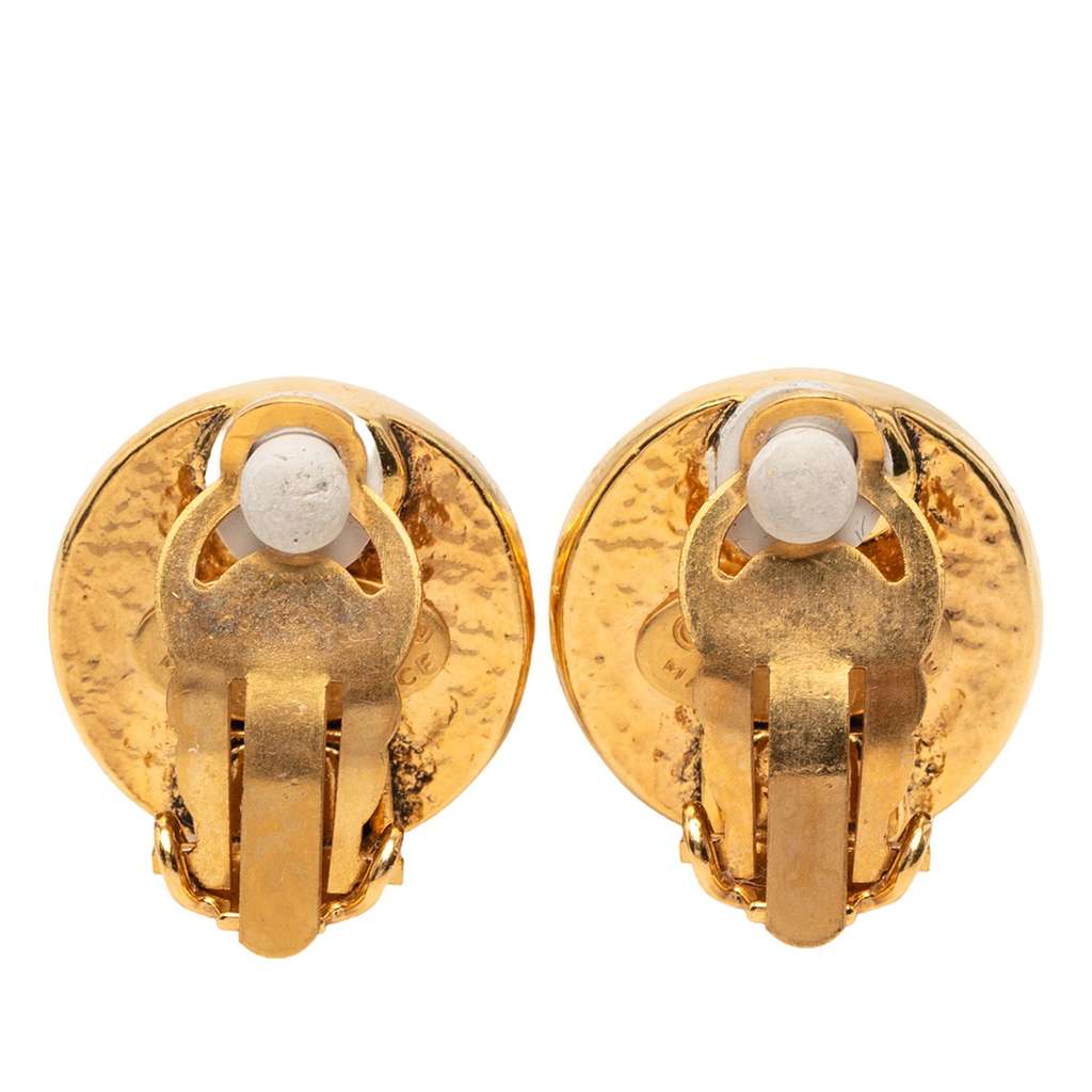 Chanel Gold Plated CC Faux Pearl Round Clip on Earrings Gold Metal Good condition - Back View