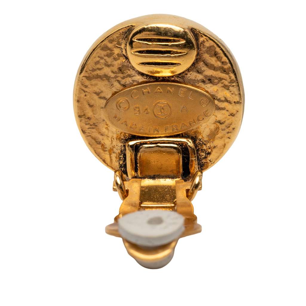 Chanel Gold Plated CC Faux Pearl Round Clip on Earrings Gold Metal Good condition - Inside View