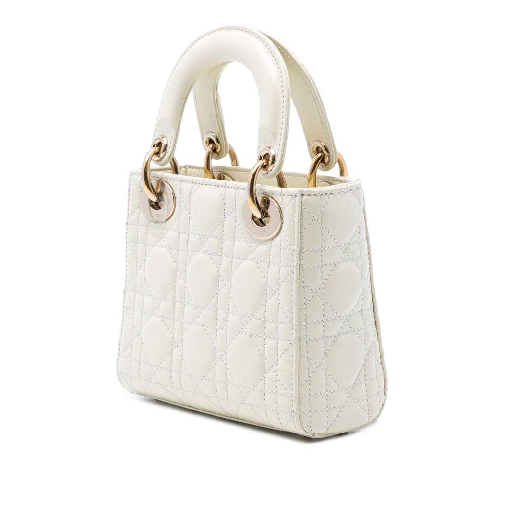 Dior Mini Crinkled Calfskin Cannage Lady Dior White Leather Good condition - Back View