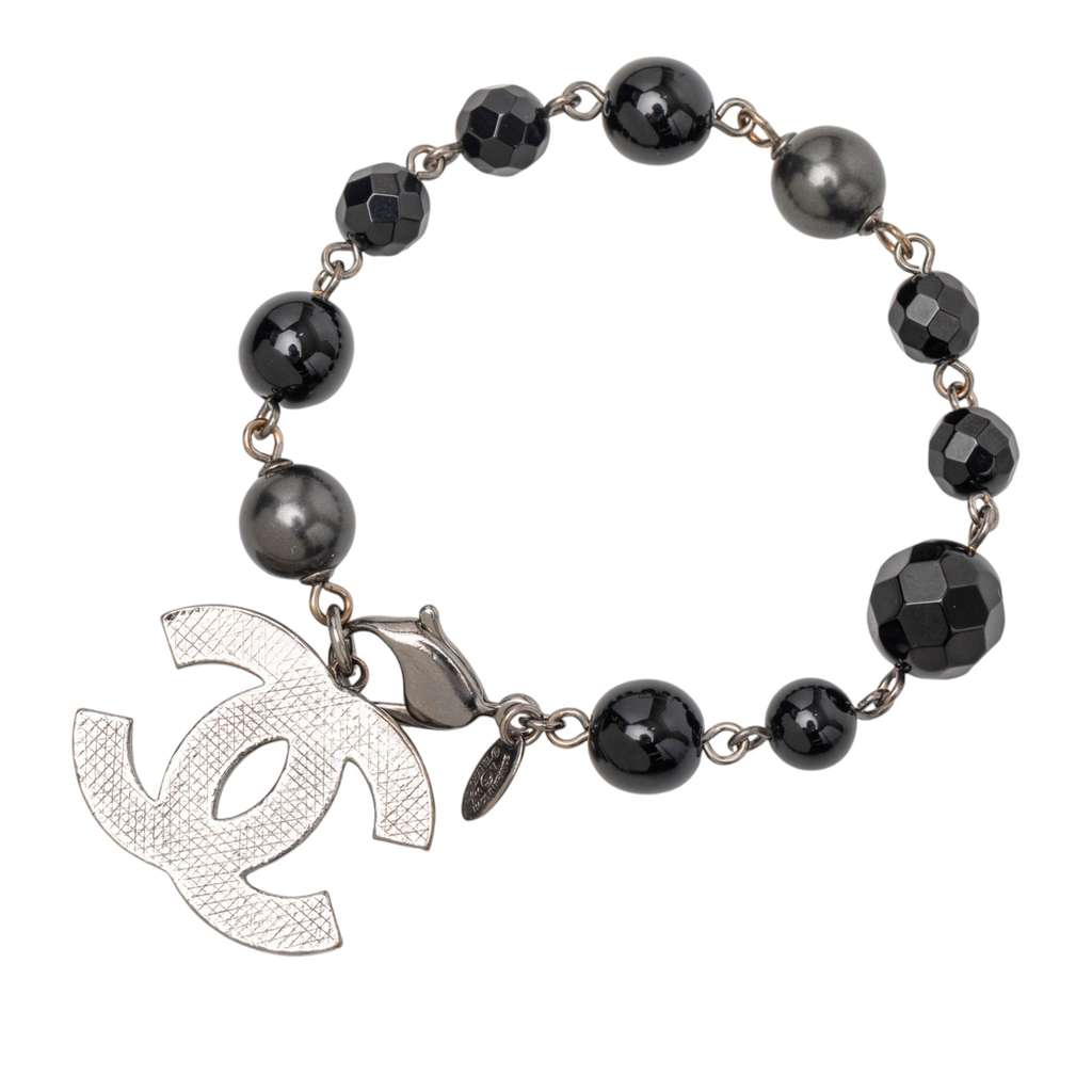 Chanel Silver Plated CC Faux Pearl Bracelet Silver Metal Good condition - Back View