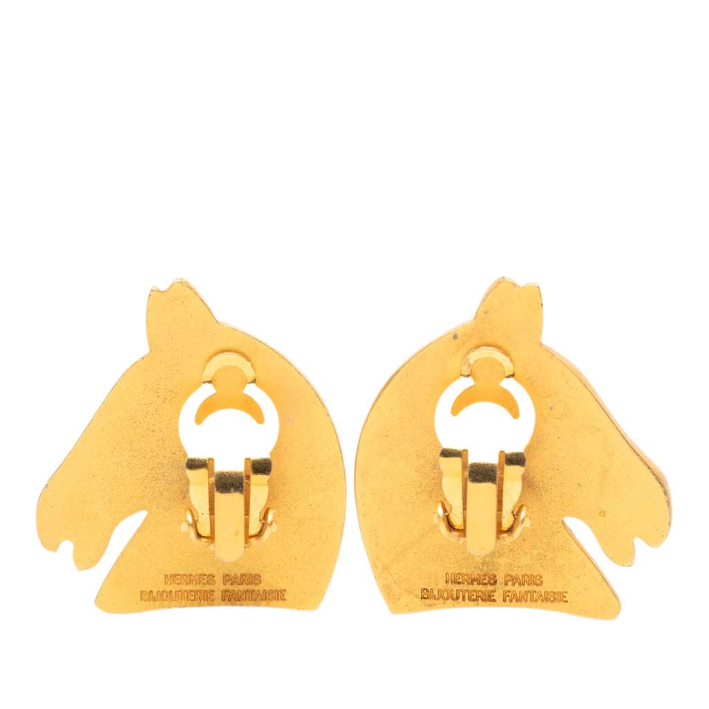 Hermès Gold Plated Bijouterie Fantaisie Horse Head Clip On Earrings Gold Metal Good condition - Back View