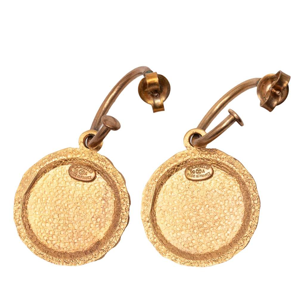 Chanel Gold Plated Enamel Logo Round Scalloped Swing Push Back Earrings Gold Metal Good condition - Back View