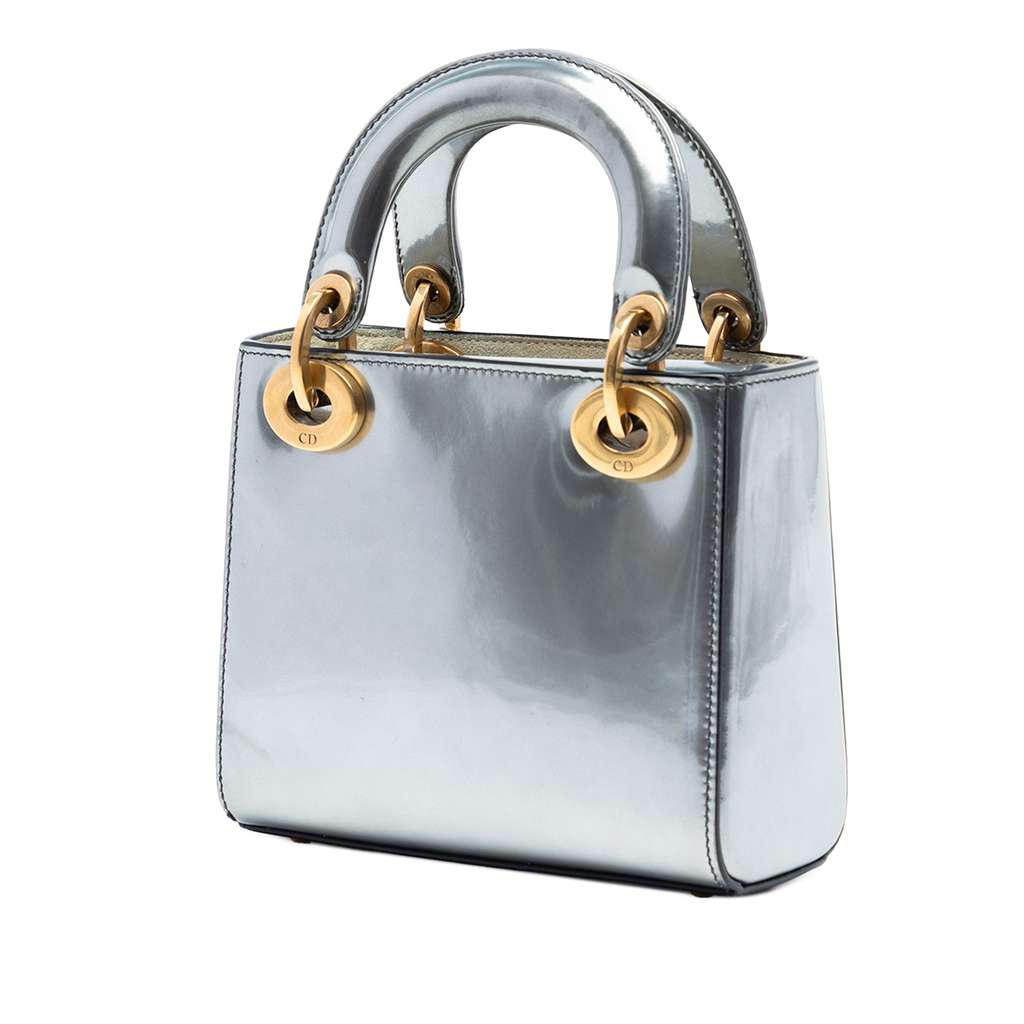 Dior Mini Metallic Patent Lady Dior Silver Leather Good condition - Back View