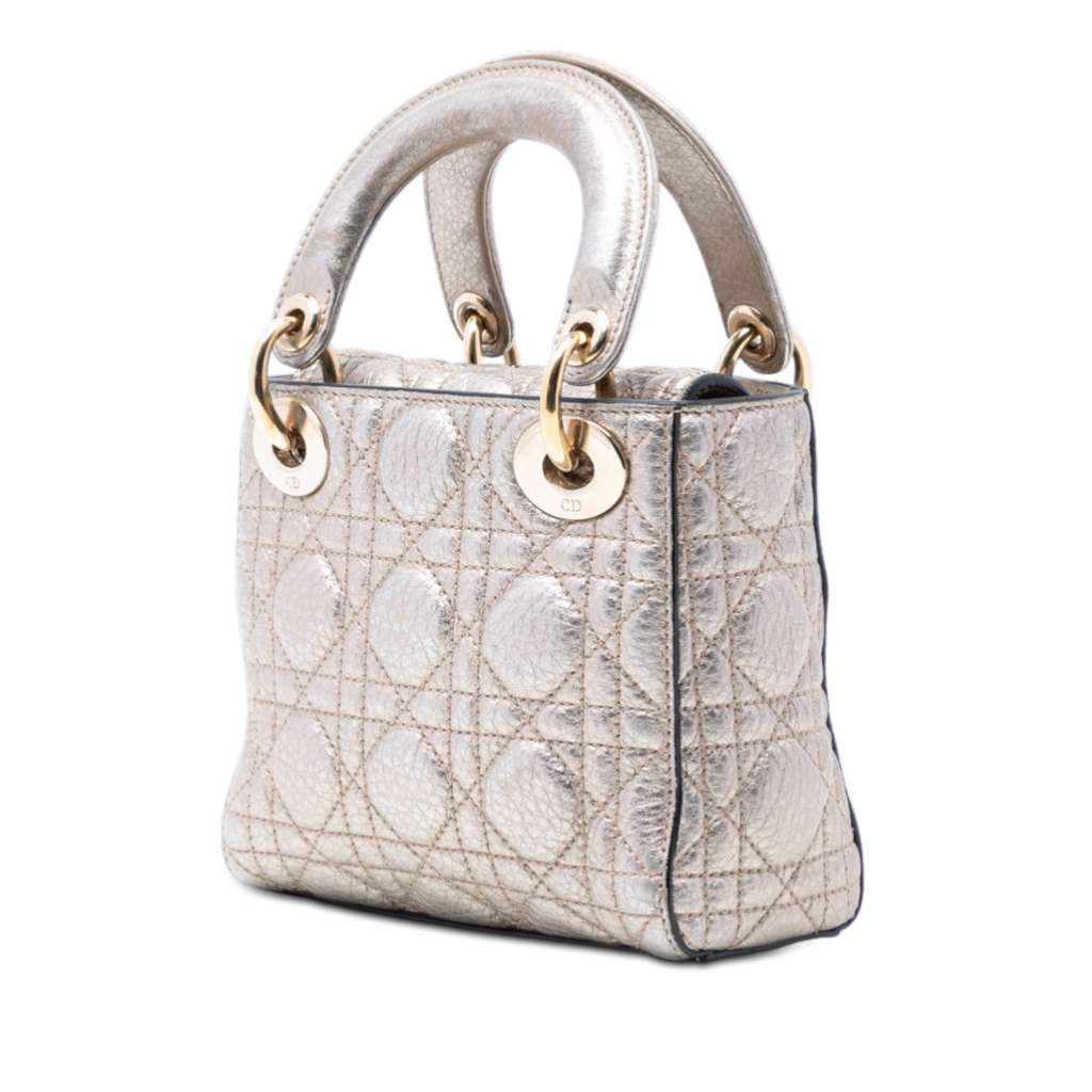 Dior Mini Metallic Calfskin Cannage Supple Lady Dior Silver Leather Good condition - Back View