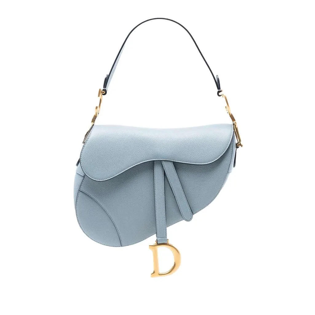 Dior Grained Calfskin Saddle Bag Blue Leather Good - Front View
