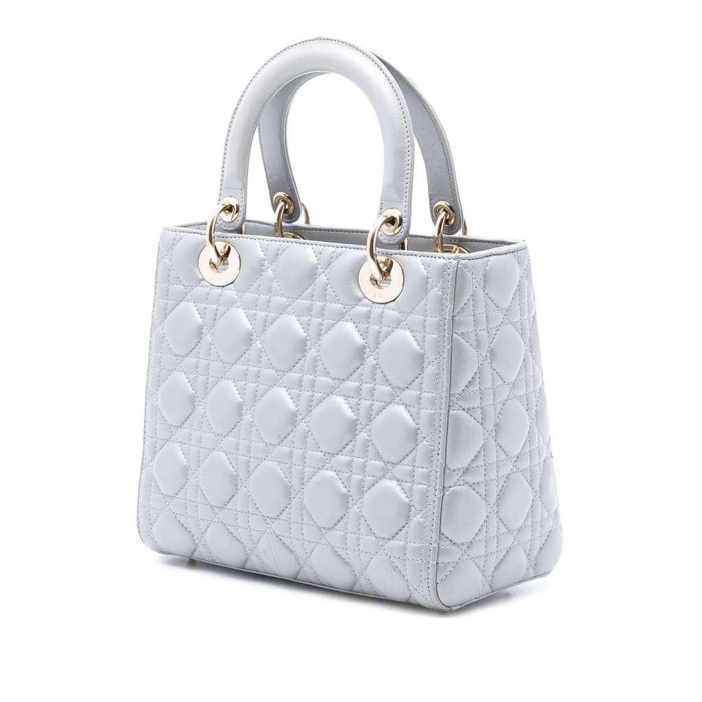Dior Medium Pearlescent Lambskin Cannage Lady Dior Grey Leather Good condition - Back View