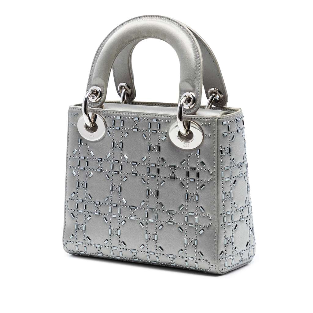 Dior Mini Satin Cannage Strass Crystal Embellished Lady Dior Grey Satin Good condition - Back View