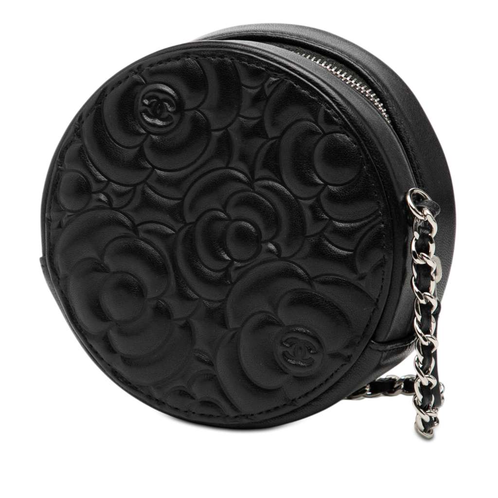 Chanel Goatskin Camellia Round Clutch with Chain Black Leather Good condition - Back View
