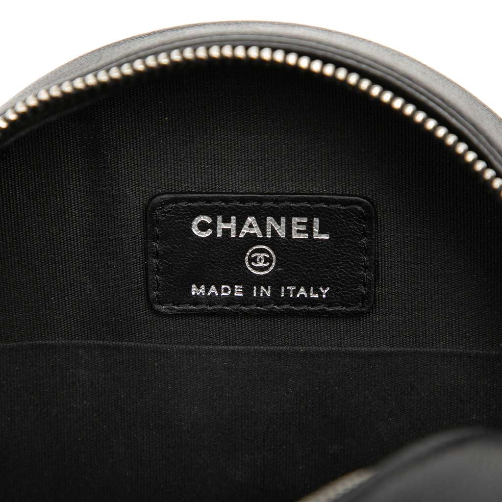 Chanel Goatskin Camellia Round Clutch with Chain Black Leather Good condition - Box View
