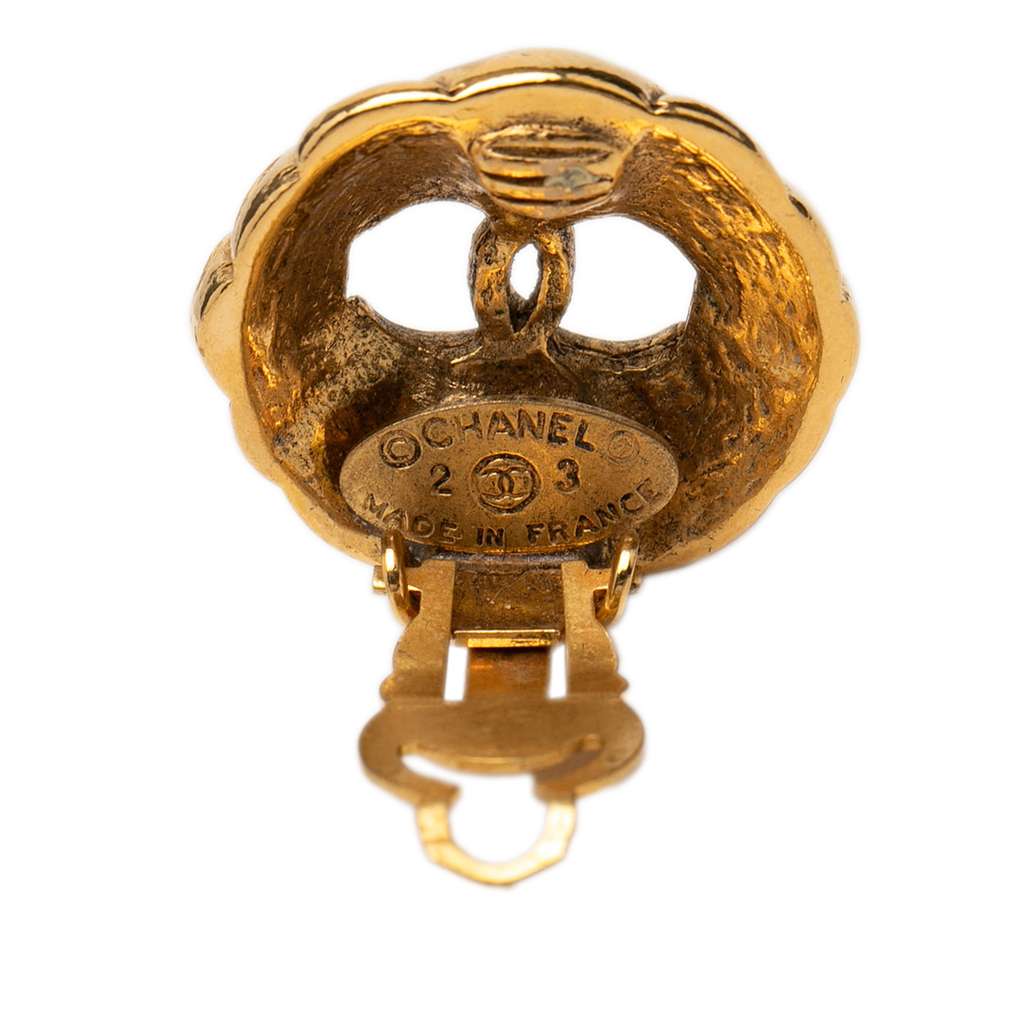 Chanel Gold Plated CC Hollow Round Clip On Earrings Gold Metal Good condition - Inside View