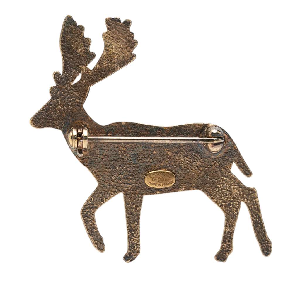 Chanel CC Gold Plated Faux Pearl Deer Brooch Gold Metal Good condition - Back View